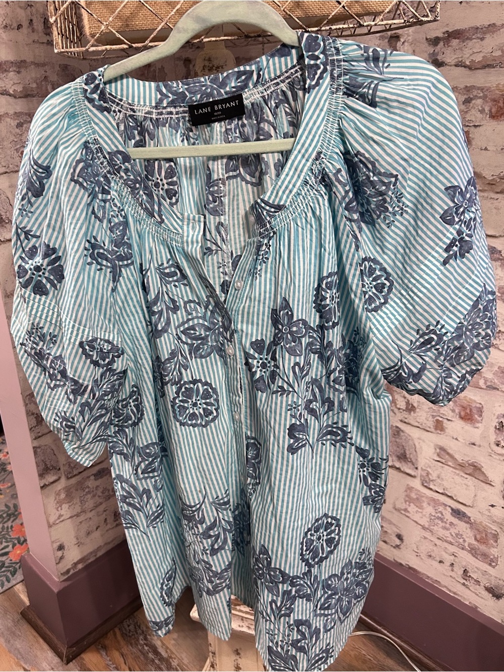 Lane Bryant Blue & White Striped Floral Peasant Top